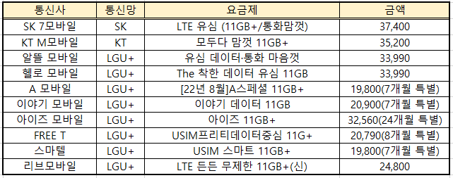 데이터, 전화 무제한 대표 요금제