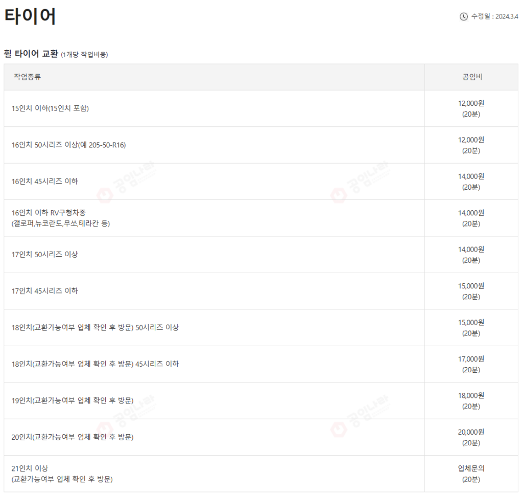 타이어 휠 교환 공임비